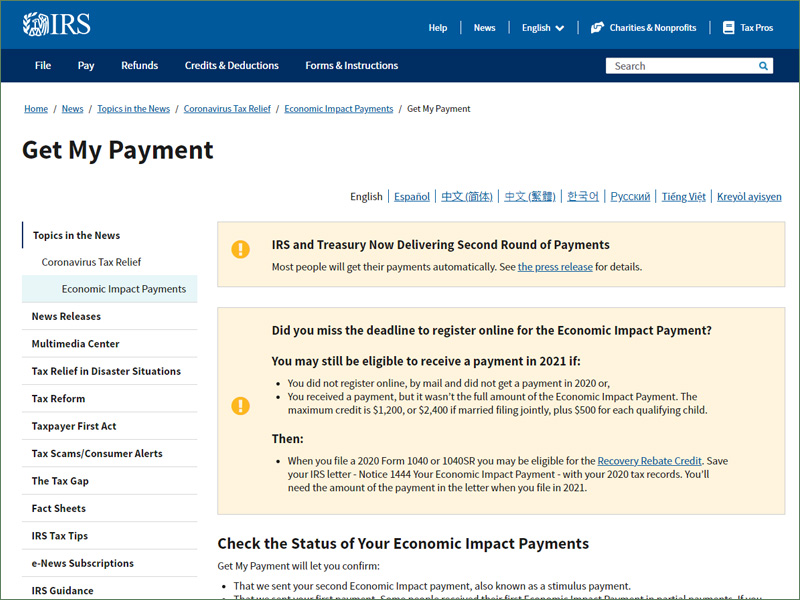 IRS stimulus checks webpages